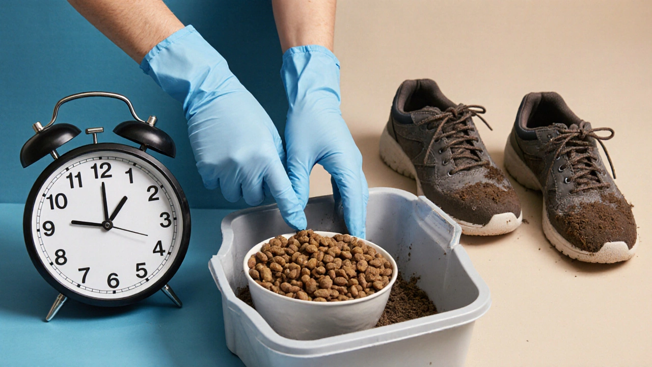 Ruka v rukavicích čistí kočičí záchod s hodinami a krmivem na pozadí.