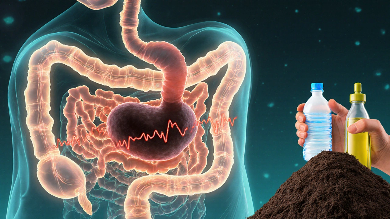 Schematický obraz trávicího traktu koně s blokádou a varovnými signály.