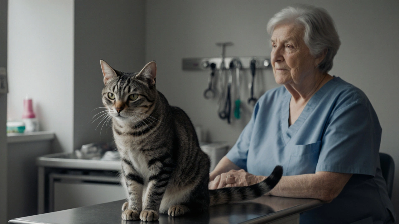 Stará kočka na vyšetřovacím stole s pevně vztyčeným ocasem, znázorňující skrytou bolest.