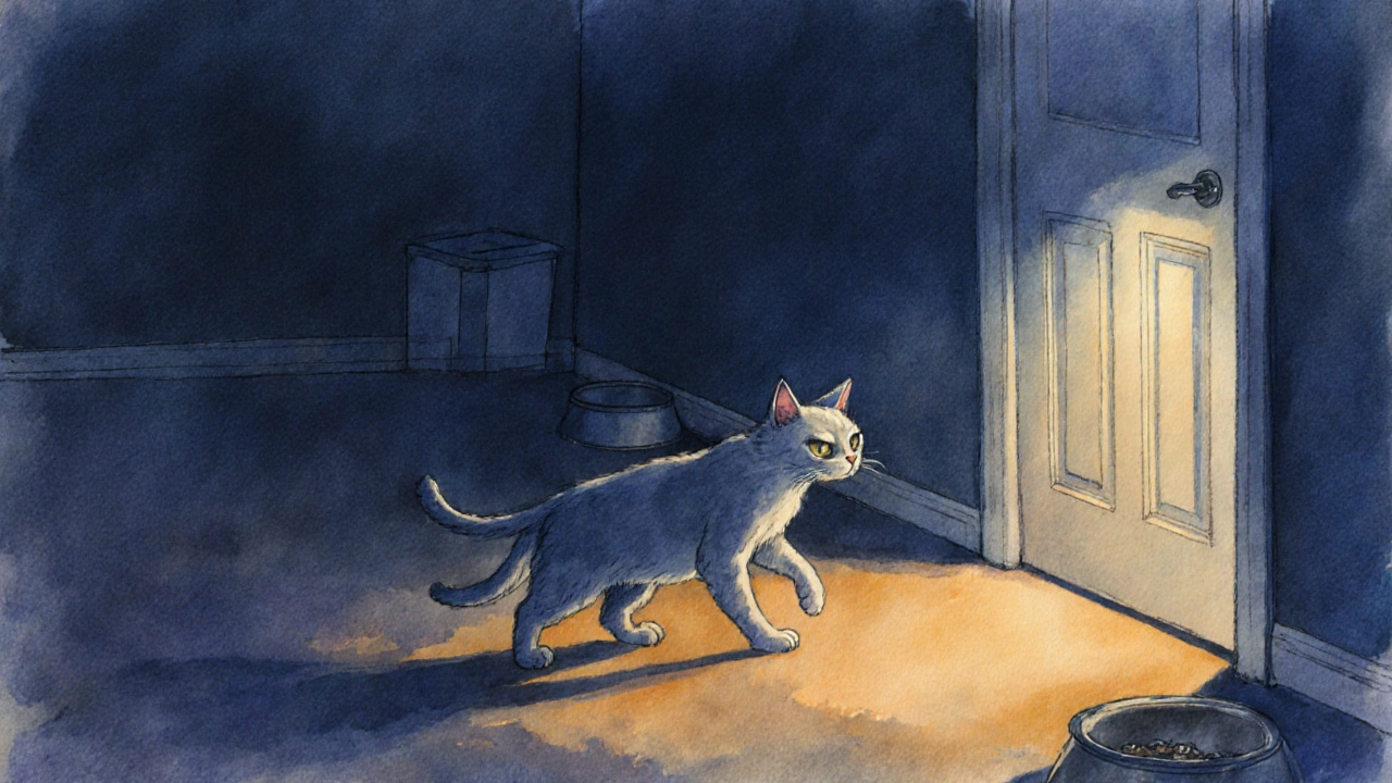 Stará kočka se bezpečně v noci bloudí u zavřené dveře.