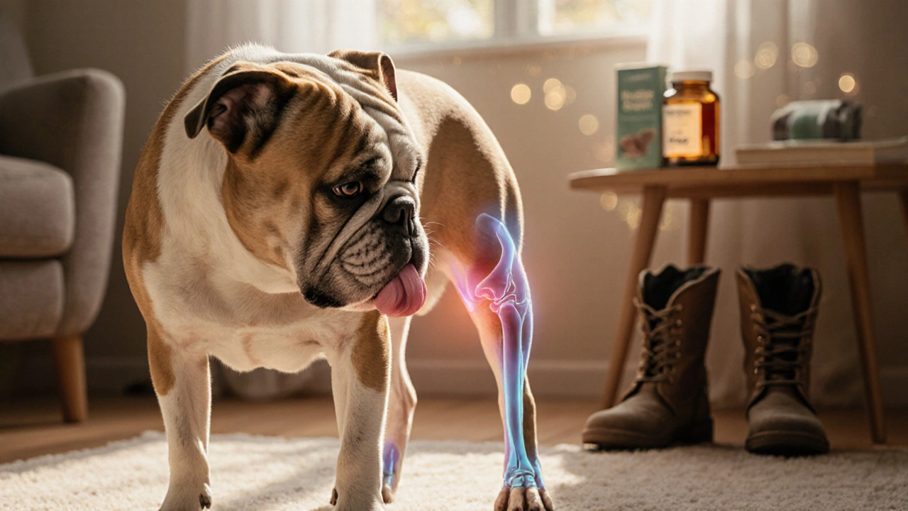 Starší buldoček líže kyčli, s viditelnými známkami bolesti kloubů.