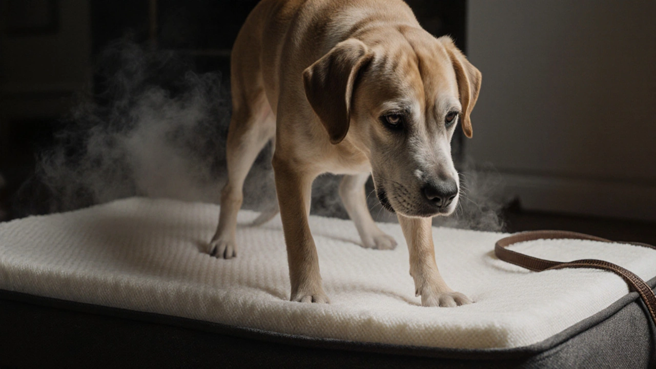 Starší pes s artritidou hledá pohodlí v teplém pelechu.