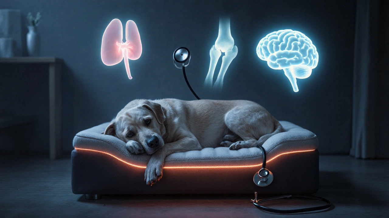 Starší pes spí na ortopedickém loži, kolem něj symboly zdravotních problémů.