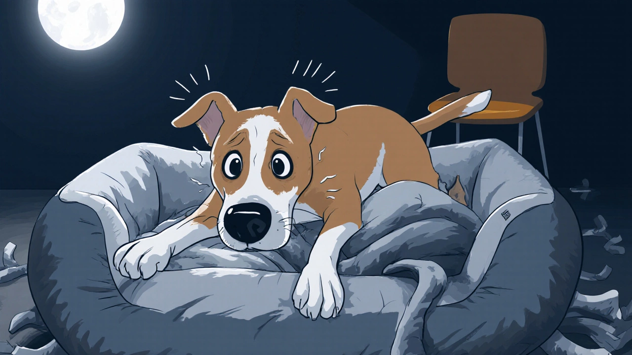 Stresovaný pes naráží a točí se v pelechu v noci.