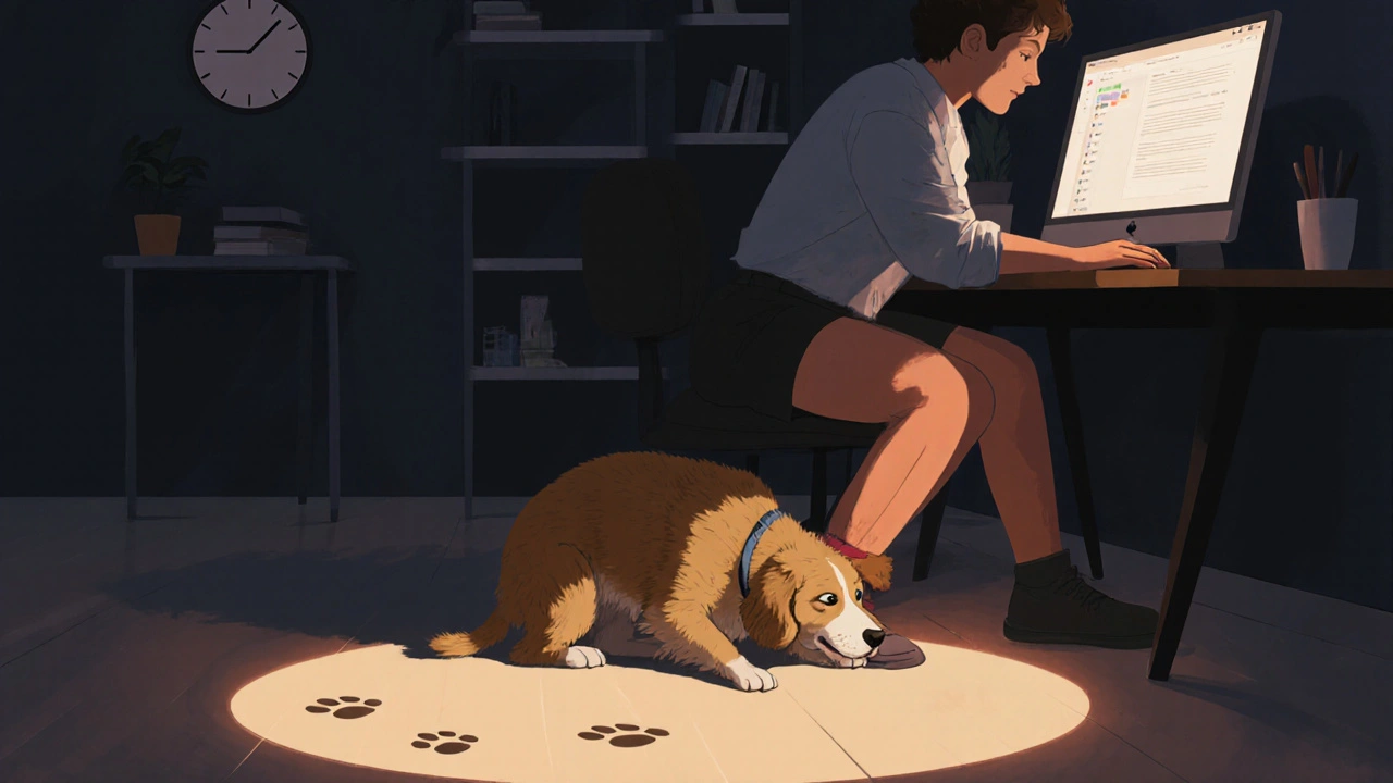 Stresovaný pes nuceně olizuje nohy majitele, který sedí u počítače.