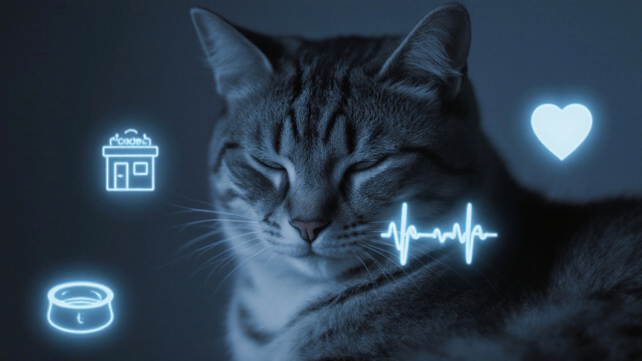 Tichá kočka v stínu, symbolizující skrytou bolest nebo únavu.