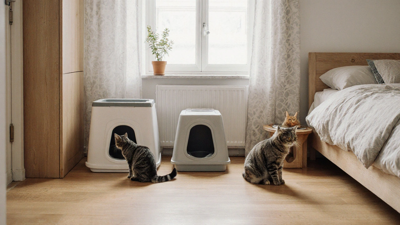 Tři pískovníky v různých částech bytu, používané dvěma kočkami, důkaz správného řešení pro více koček.