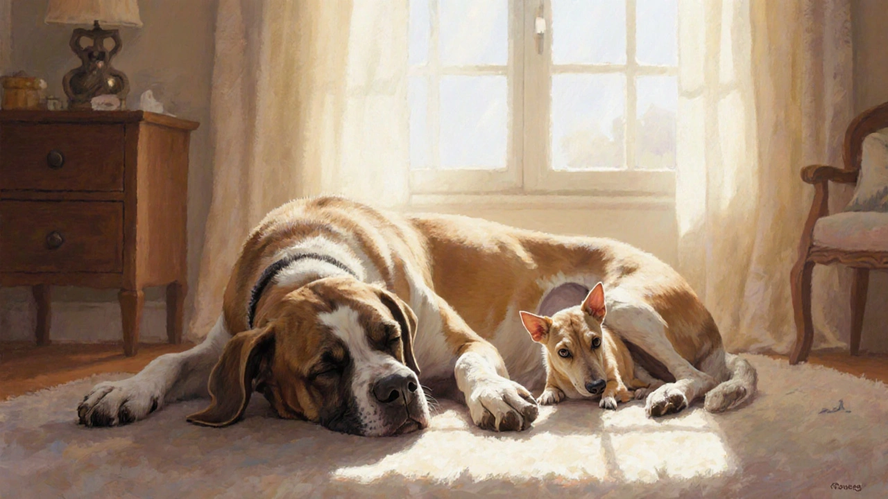 Velký a malý pes spí spolu na podlaze v bytě při denním světle.