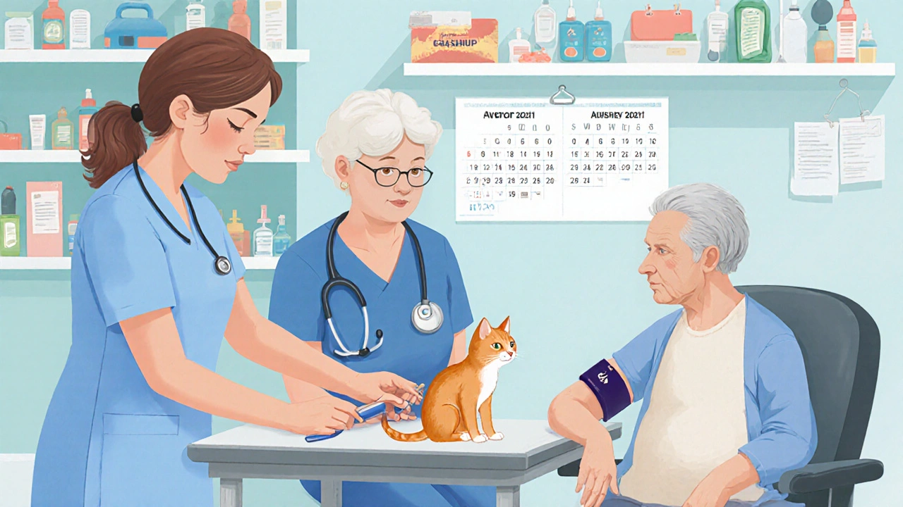 Veterinář bere krev kočce, majitel se dívá s úzkostí a láskou.