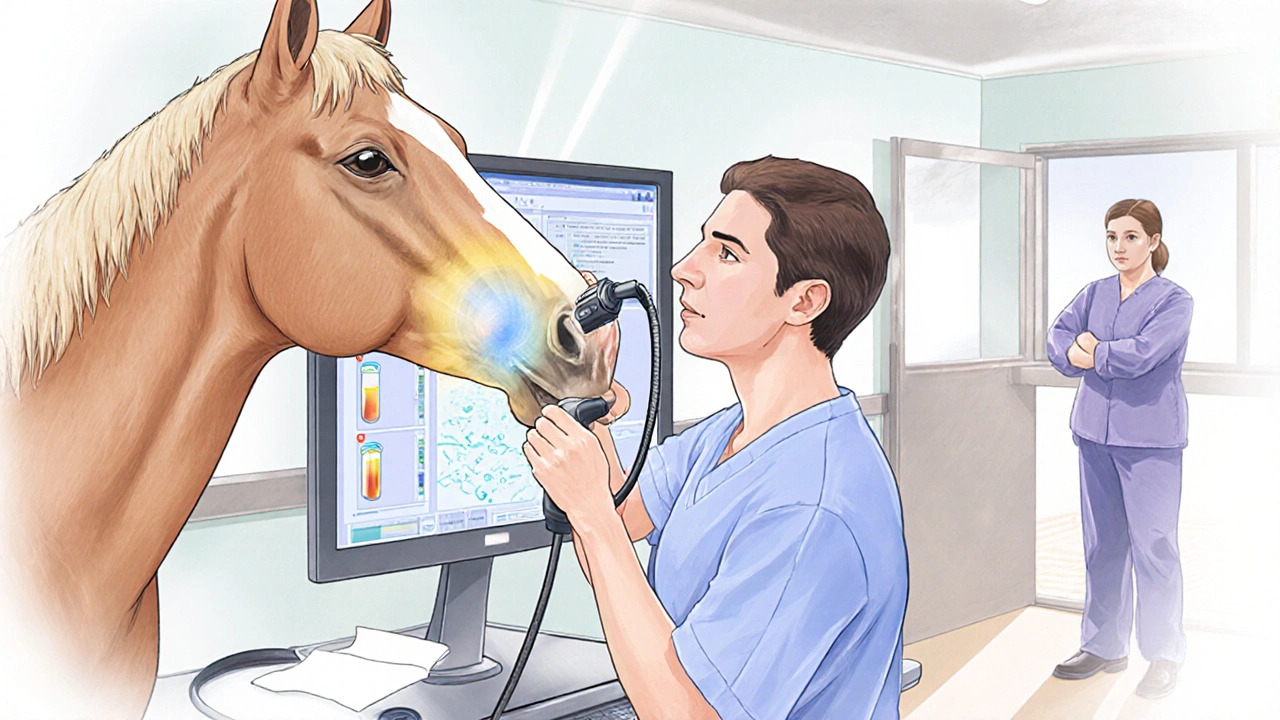 Veterinář provádí vyšetření dýchacích cest koně pomocí endoskopu.