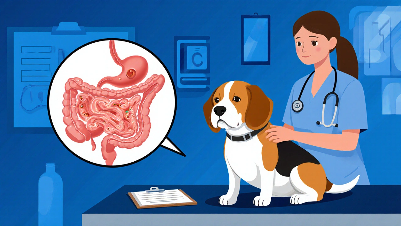 Veterinář vyšetřuje psa s problémy s trávením.