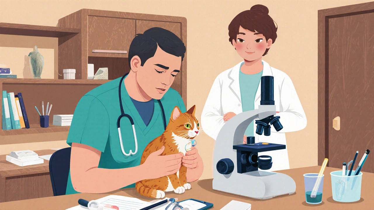 Veterinář vyšetřuje vzorek moče zatímco majitel pozoruje.