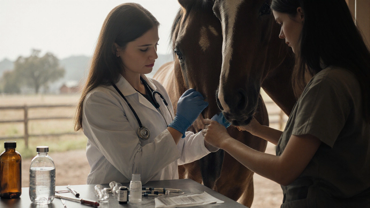 Veterinarian performing rectal exam on a horse to diagnose colic, medical tools nearby.