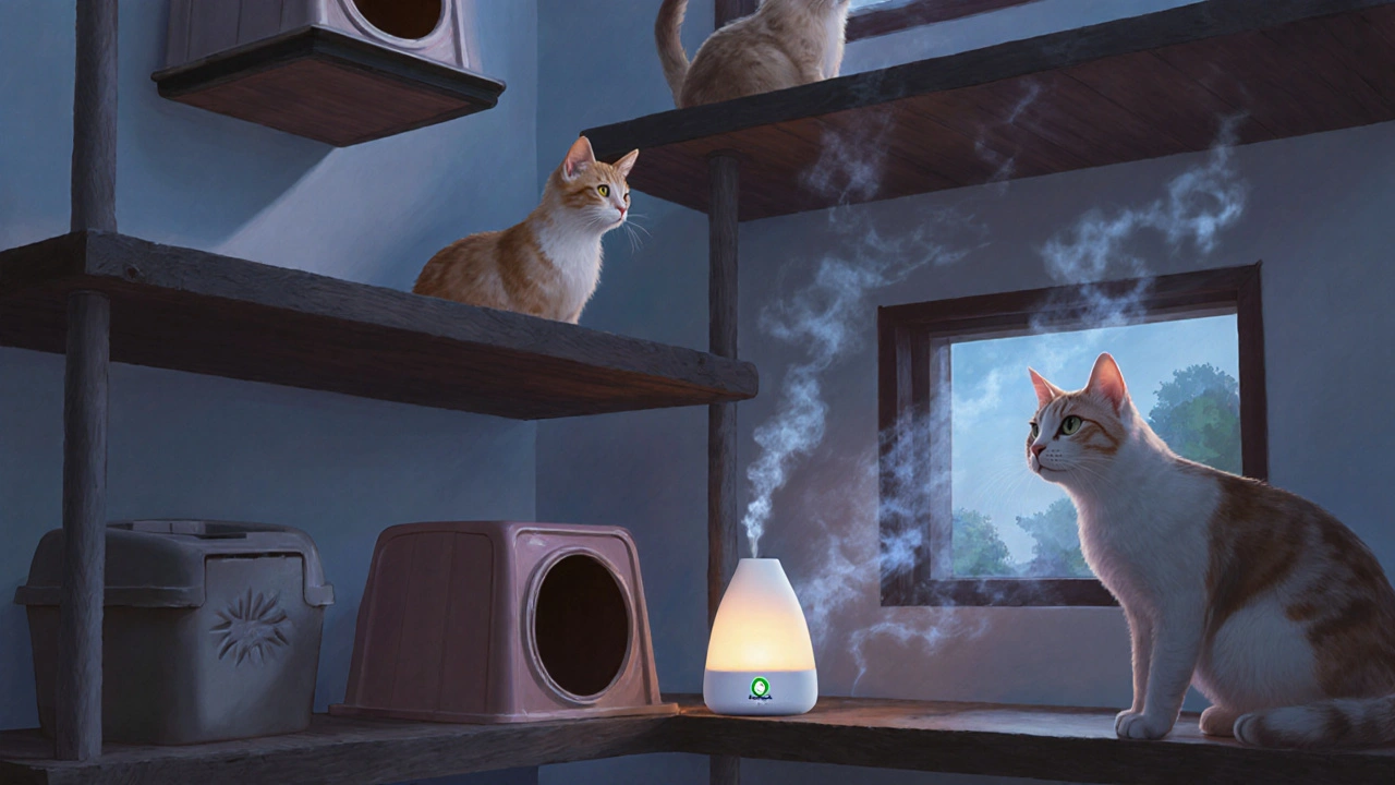 Víceúrovňové prostředí pro kočky s třemi záchody a feromonovým difuzorem.