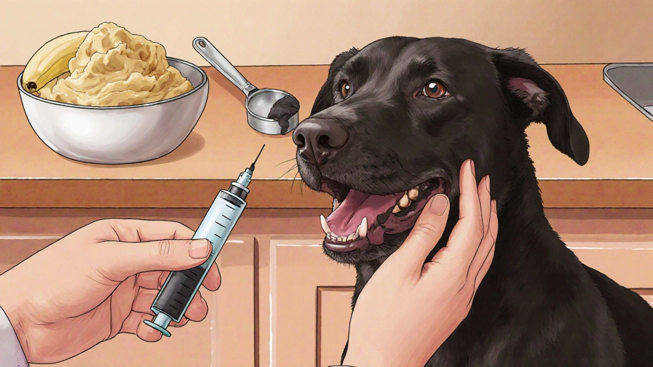 Vlastník podává psu pastu z černého uhlí pomocí stříkačky.