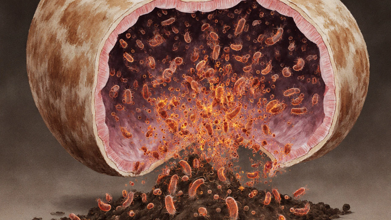 Vnitřní řez střevem kočky s parazity Toxoplasma gondii a oocystami.