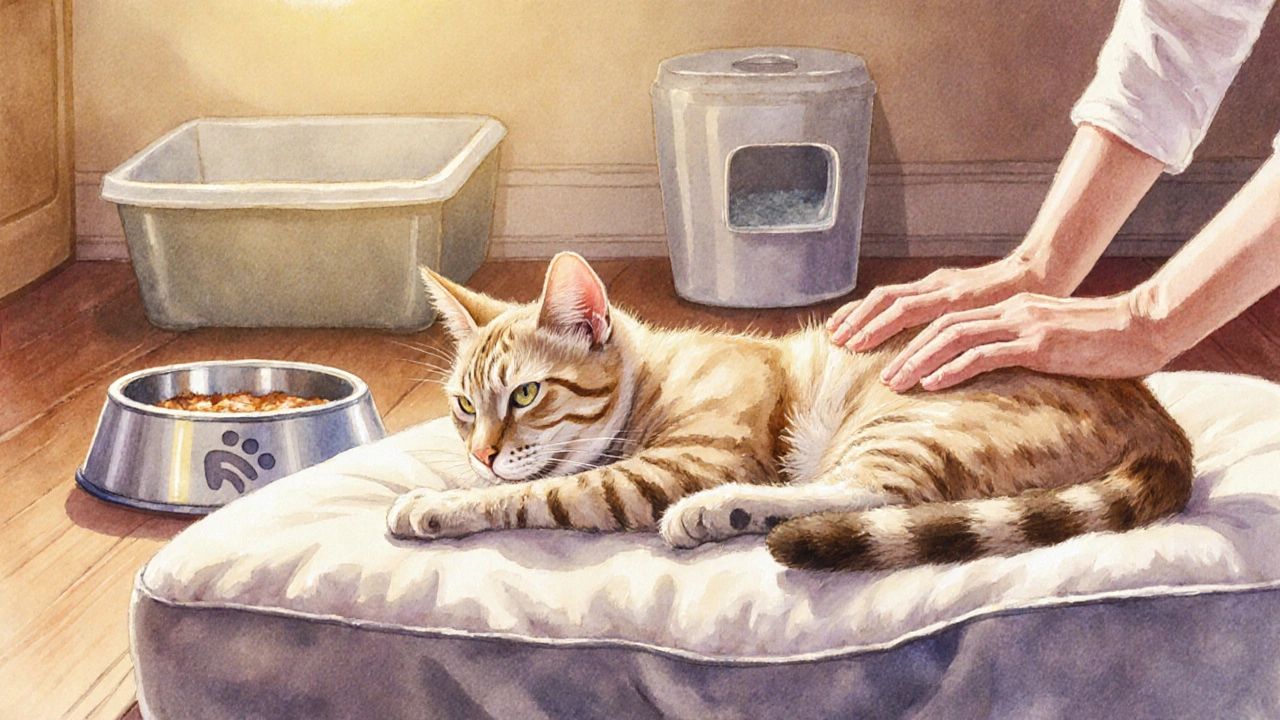 Zotavující se kočka odpočívá na měkké peřině s přizpůsobeným prostředím.