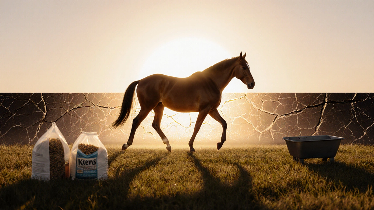 Zotavující se kůň kráčí v pastvě, symbolicky oddělen od minulého poškození.