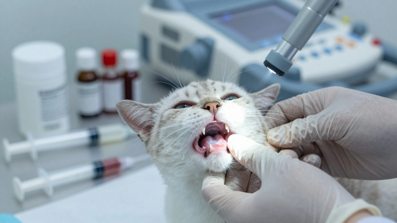 Blízký pohled na bledé dásně kočky, vetérinář drží světlo a rukavice.