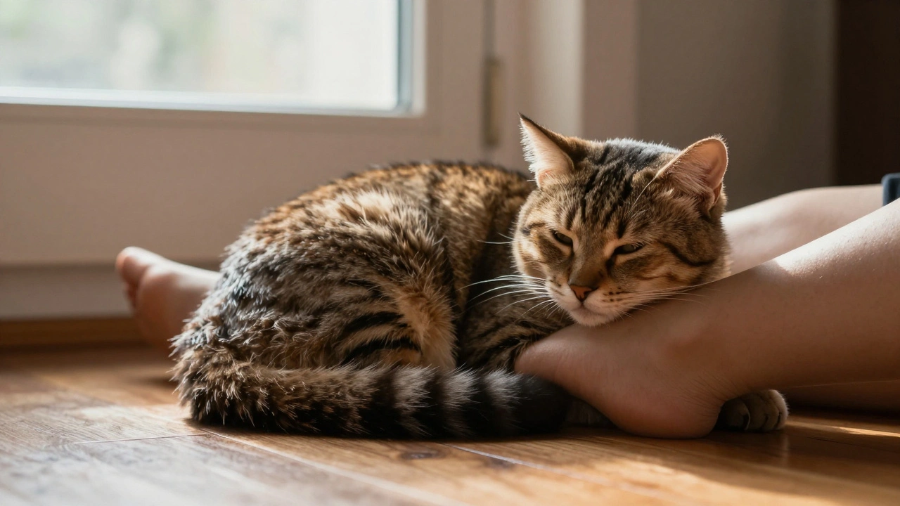 Co znamená, když kočka leží u nohou? Proč to dělá a co to říká o jejím zdraví