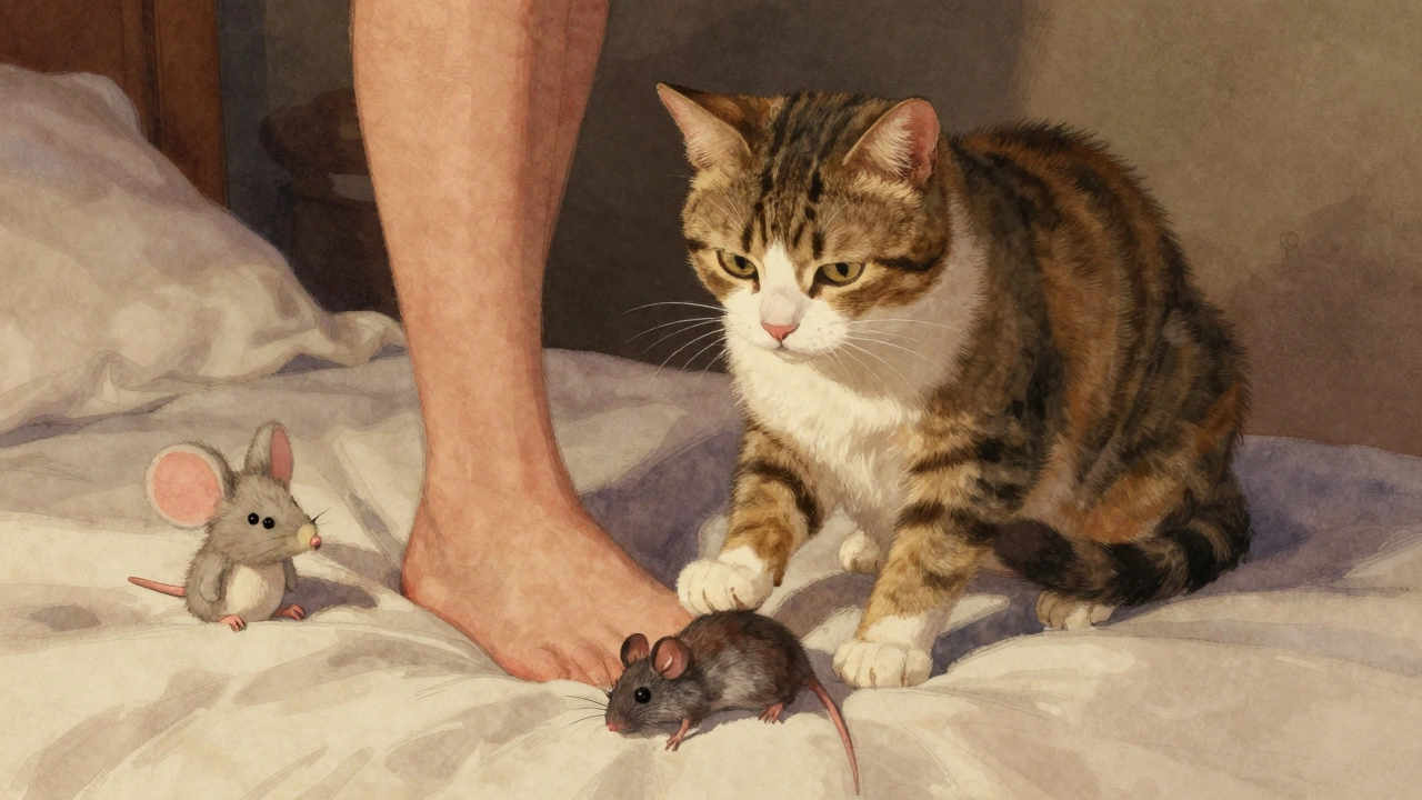 Kočka přináší myš do postele jako dárek svému majiteli.