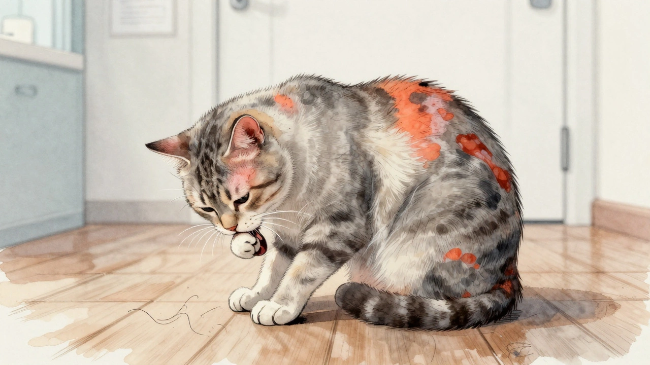 Kočka škrábe si zčervenalou kůži, viditelně chybí srst, na podlaze jsou vlasy, známky kožního onemocnění.