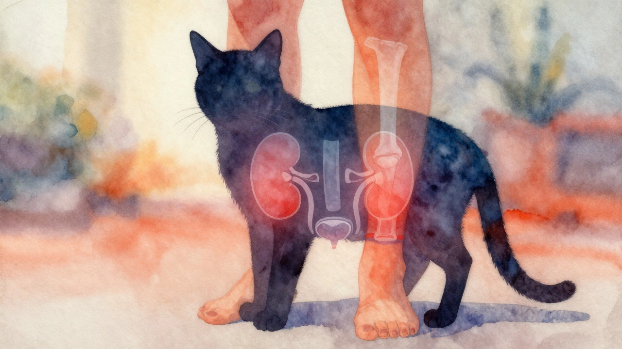 Kočka u nohou s průhlednými lékařskými symboly v jejím těle, symbolizující bolest.