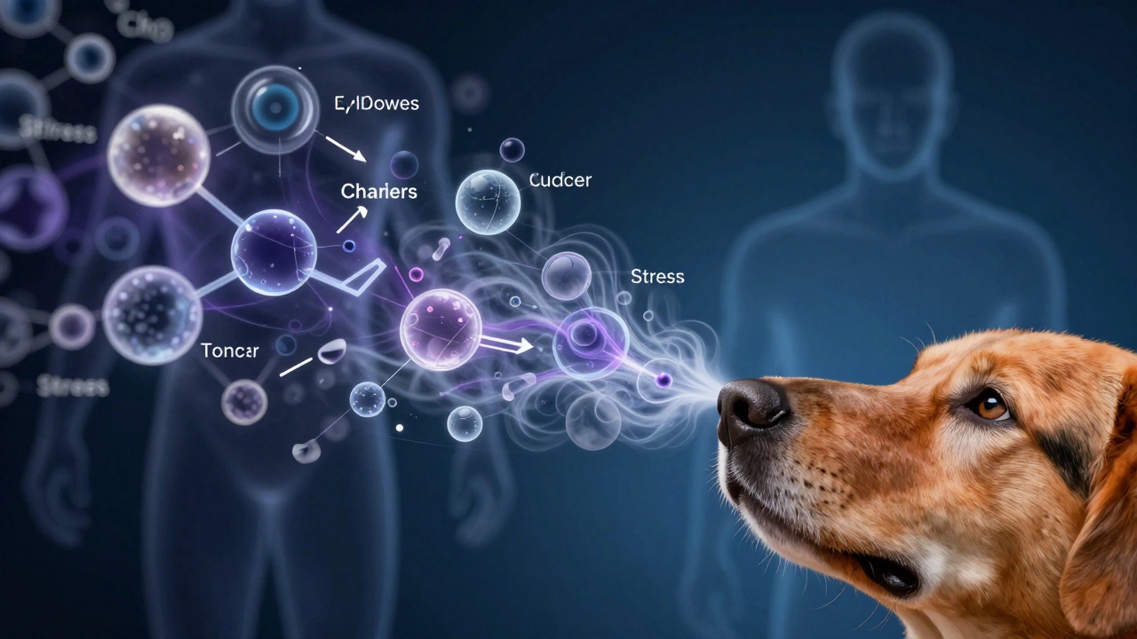 Koncepční obrázek psího nosu s chemickými molekulami přicházejícími z lidského těla.