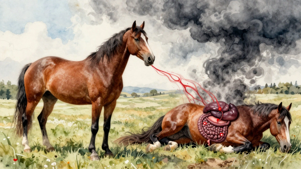 Koncepční obrázek: zdravý kůň vpravo, nemocný vlevo s vnitřními poškozeními břicha.