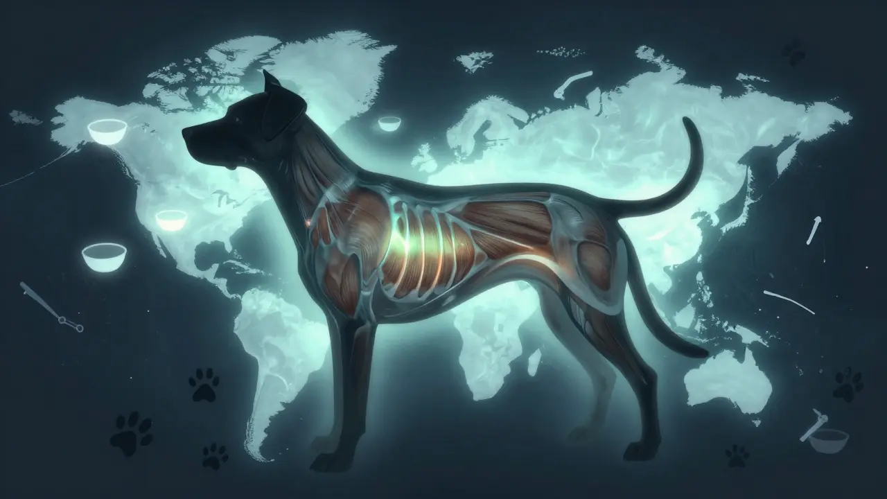 Kontur psa s viditelnými kostmi a slabou energií, symbolicky znázorněná jako mapa těla.