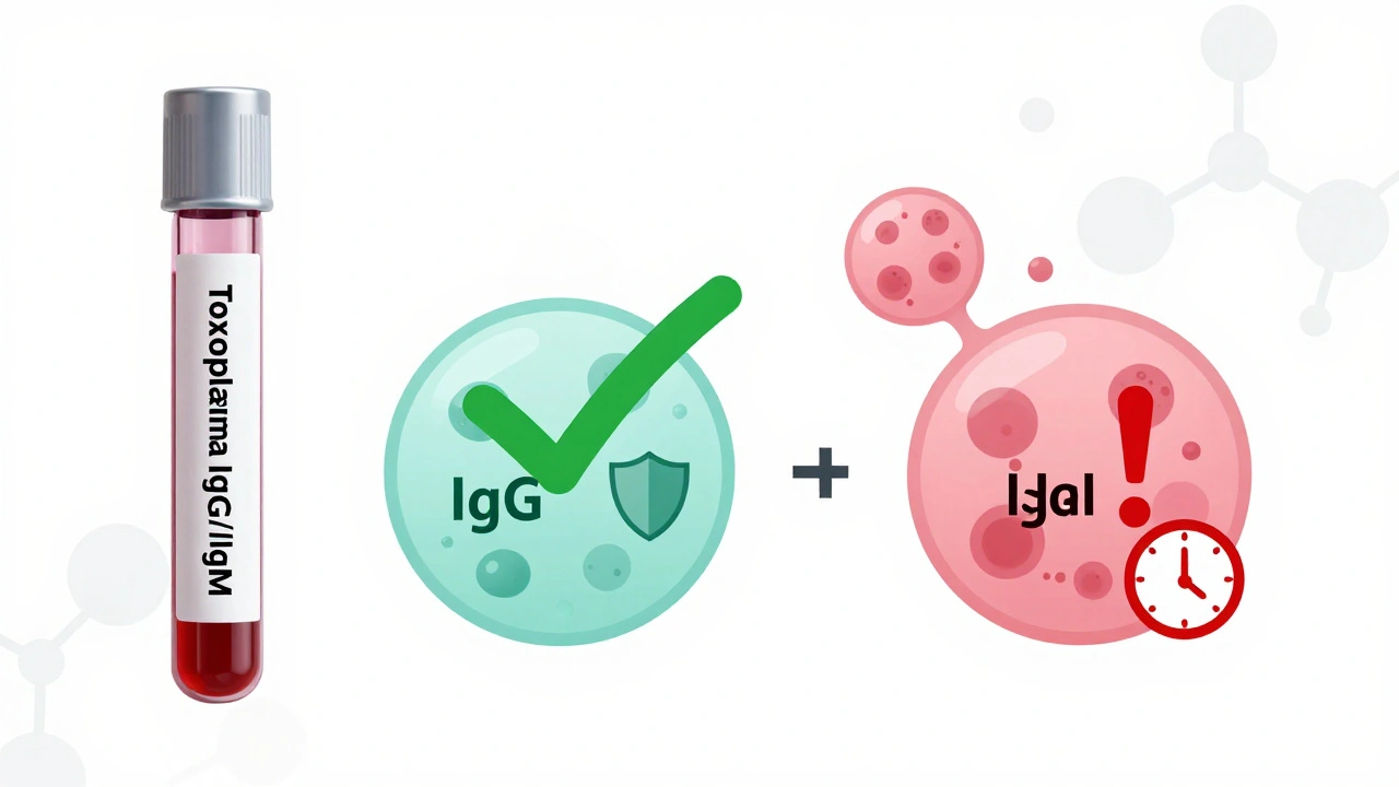 Krevní test na toxoplazmózu s označením IgG a IgM protilátek.
