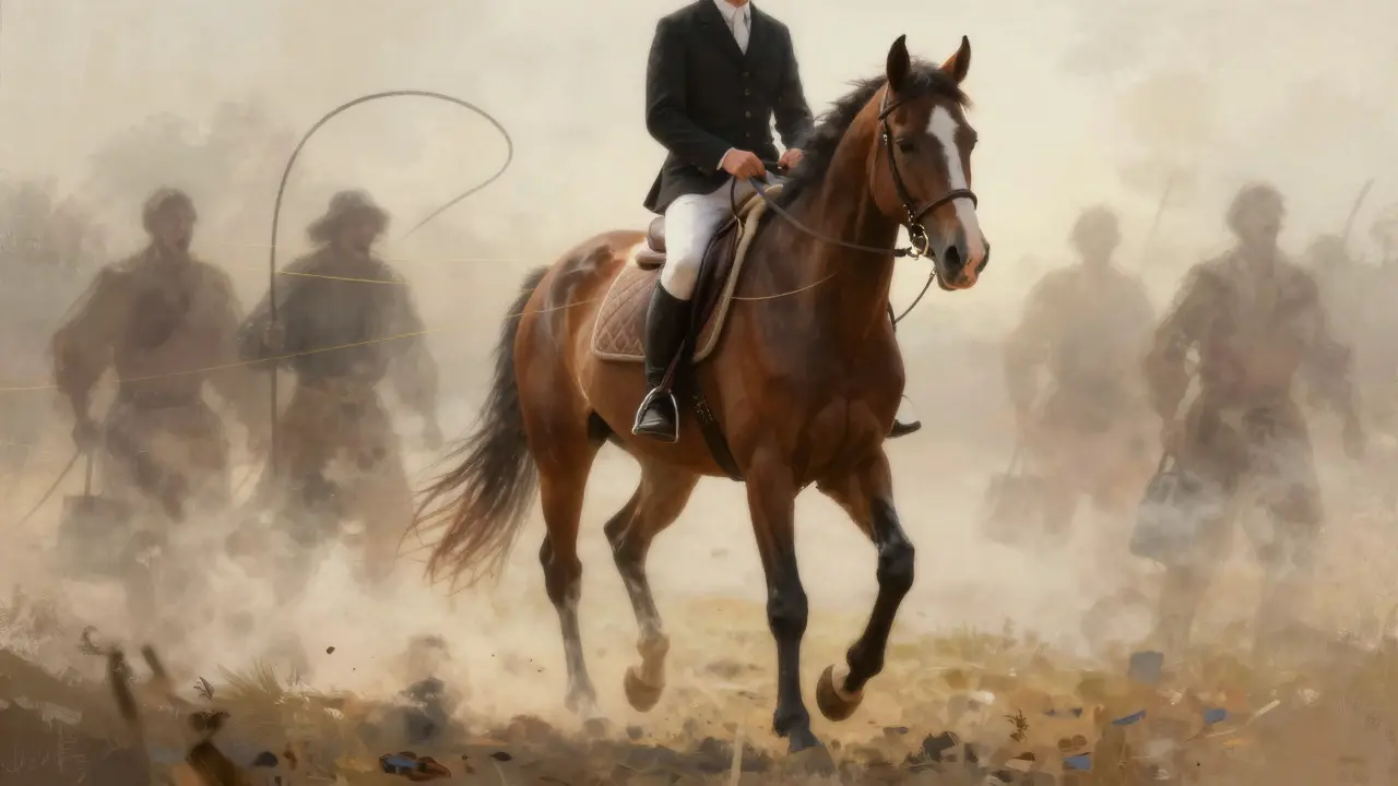 Kůň jde dopředu v klidu, zatímco agresivní metody mizí jako mlha, symbolizující důvěru.