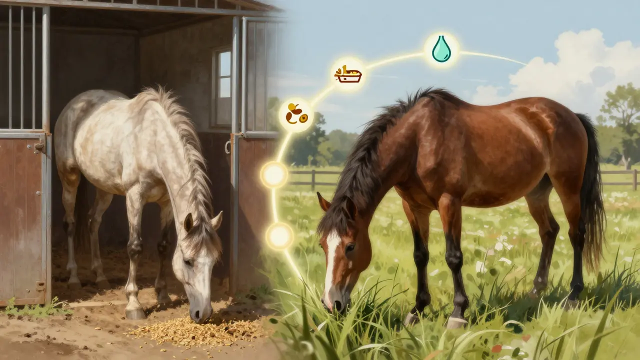 Kůň v přechodu od nemoci k uzdravení: na levé straně slabý ve stallu, na pravé straně zdravý na pastvě.