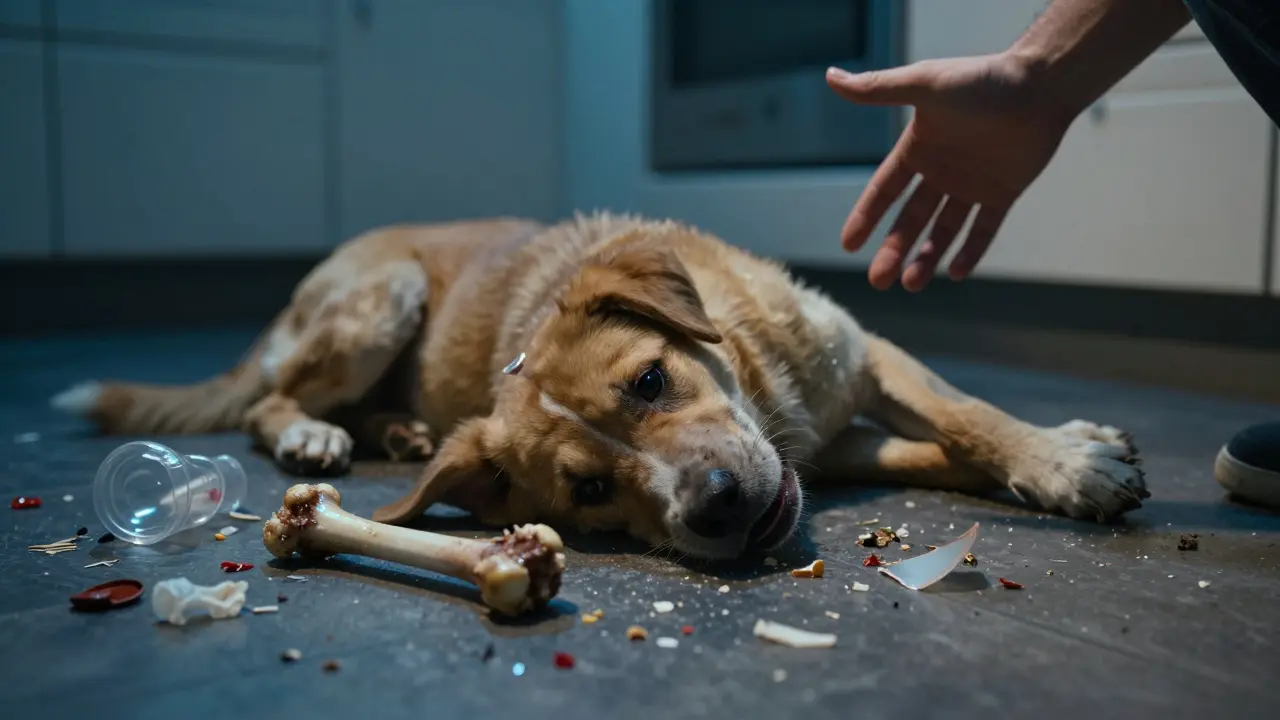 Mladý pes se zhroutil v kuchyni, kolem něj jsou kousky plastu a kosti, majitel se snaží pomoci.