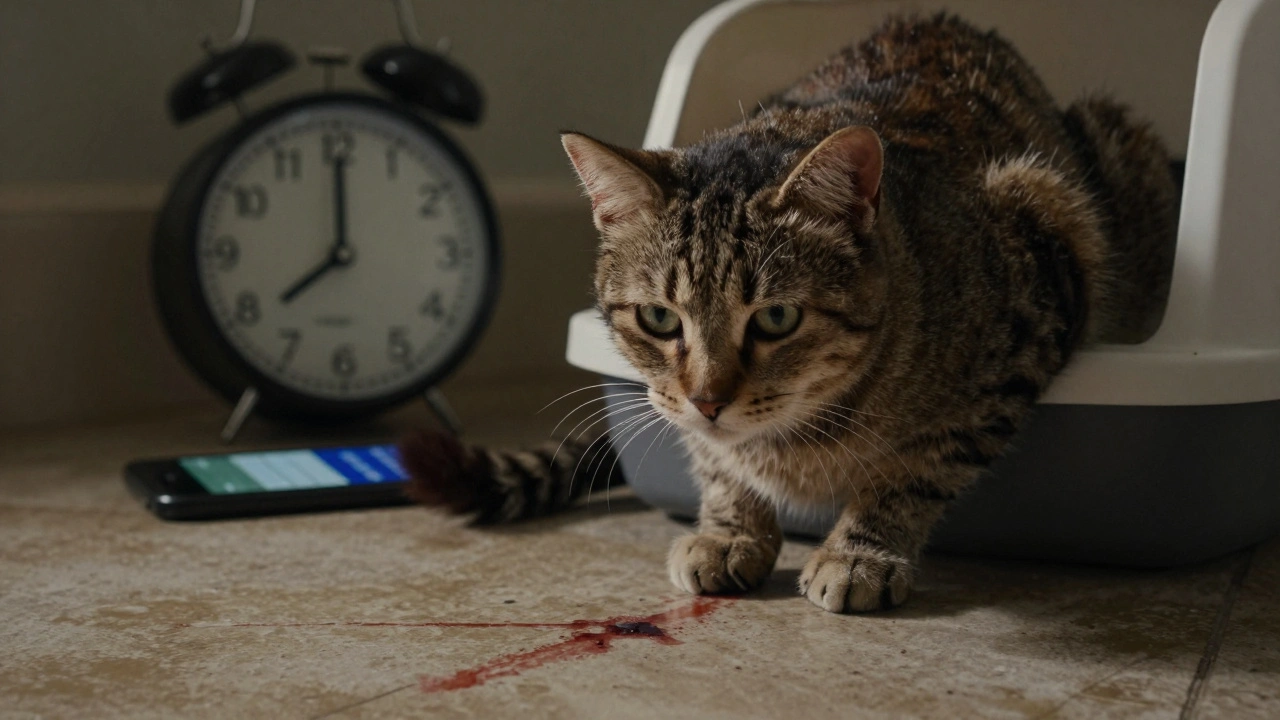 Mužská kočka se snaží močit u kočičího záchodu, na podlaze je krev.