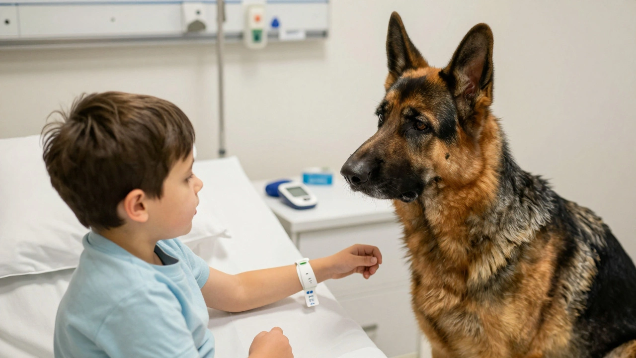 Německý ovčák sedí vedle dítěte v nemocnici, pozorně sleduje jeho tvář.