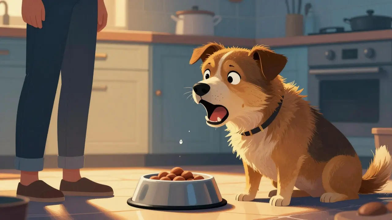 Pes chrání svůj talíř s jídlem, oči plné strachu, majitel stojí v pozadí.