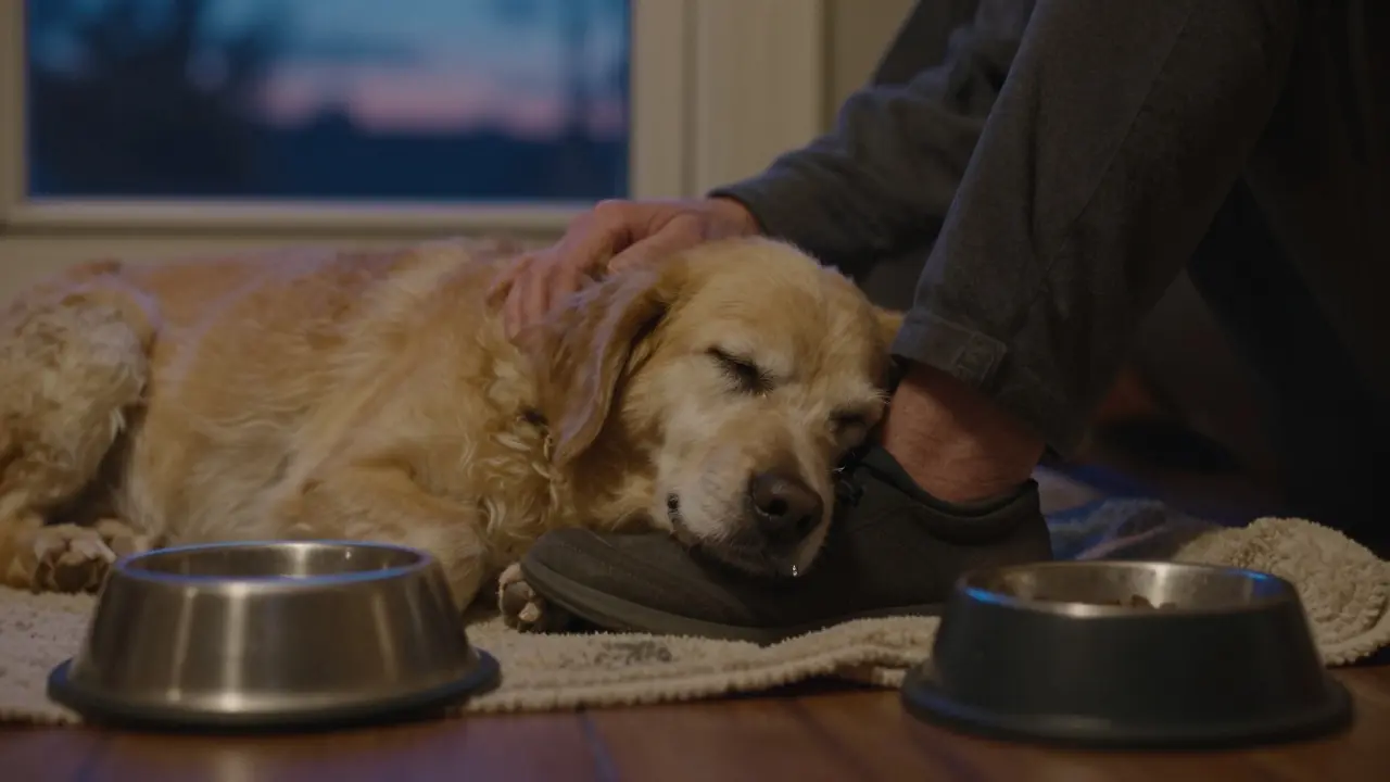 Pes klidně spí na plátně na nohou svého majitele, jedna slza padá na jeho srst.