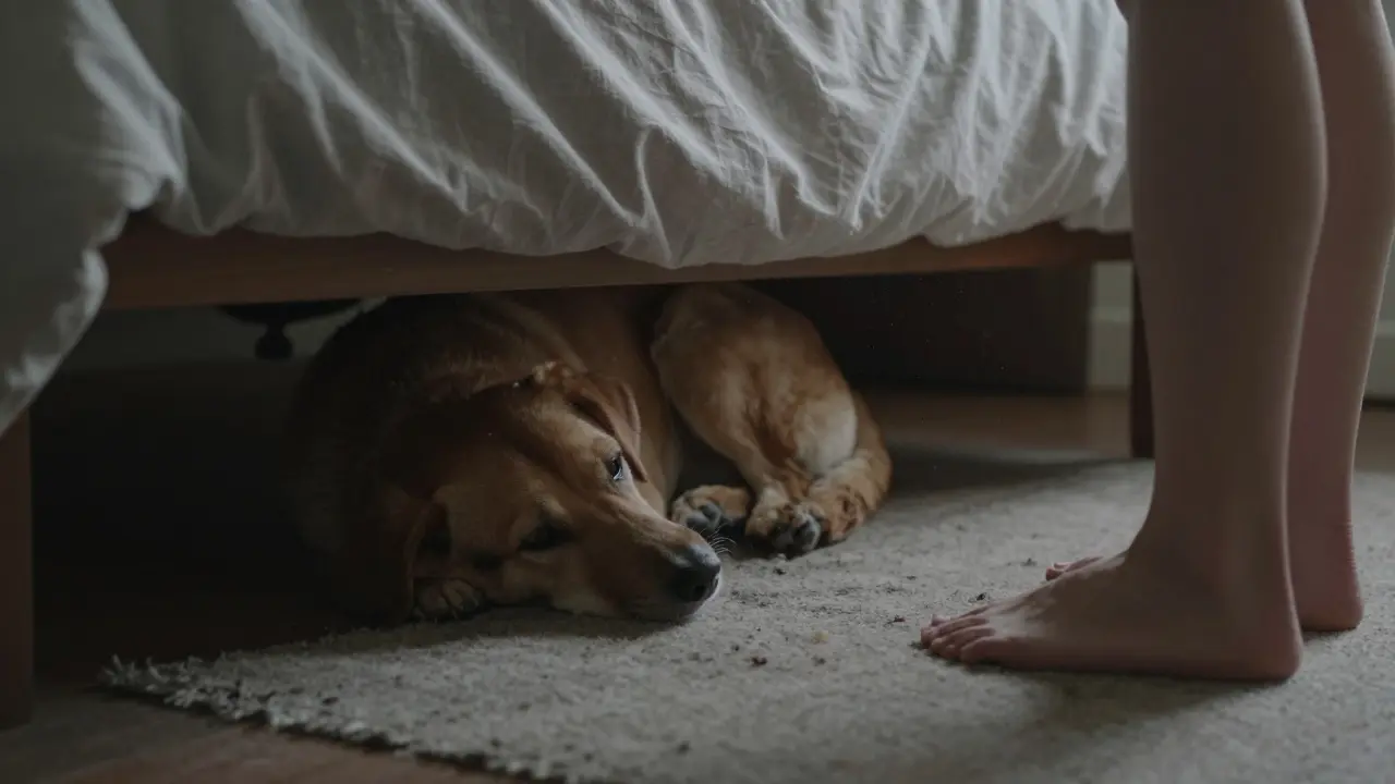 Pes se schovává pod postelí, tělo klidné, světlo z okna osvětluje prach ve vzduchu.