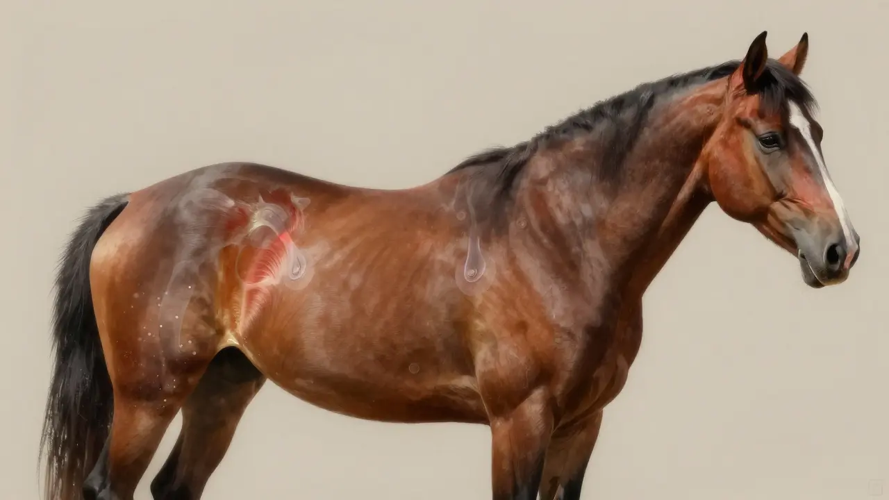 Porovnání napjatého a klidného koně s viditelnými body bolesti na zádech.