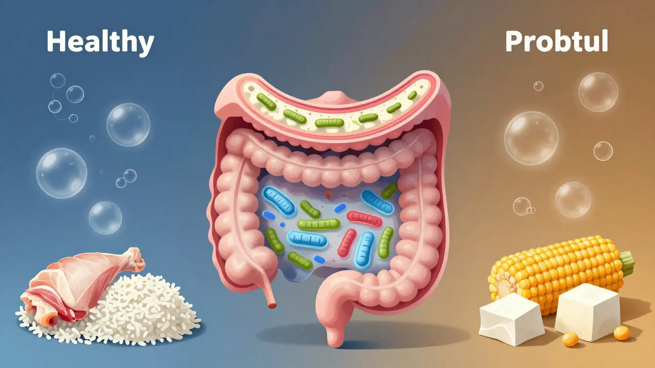 Přehled trávicího traktu psa s bakteriemi a plyny, rozdělený podle zdravé a nezdravé stravy.