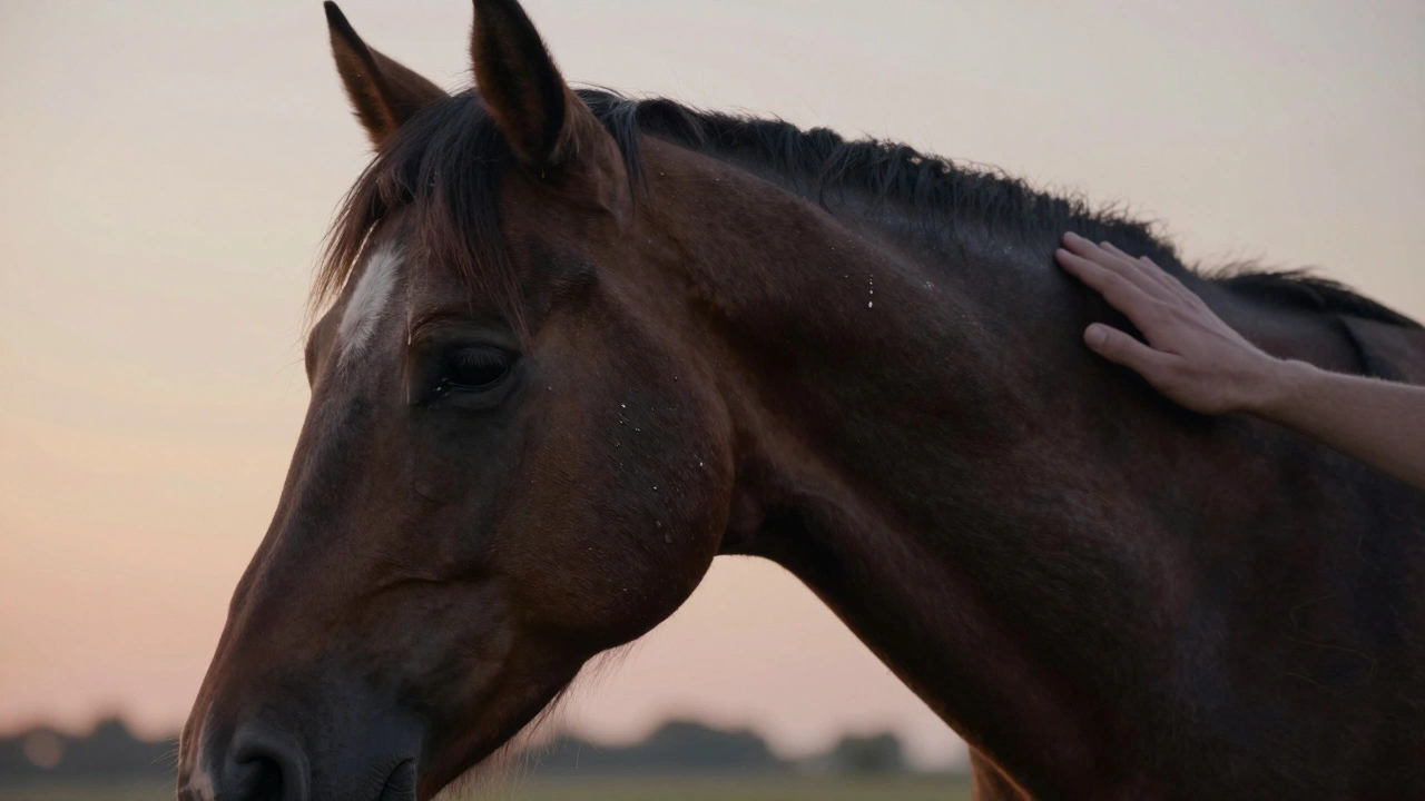 Ruka dotýká čela a ramene koně, který klidně stojí v soumraku.