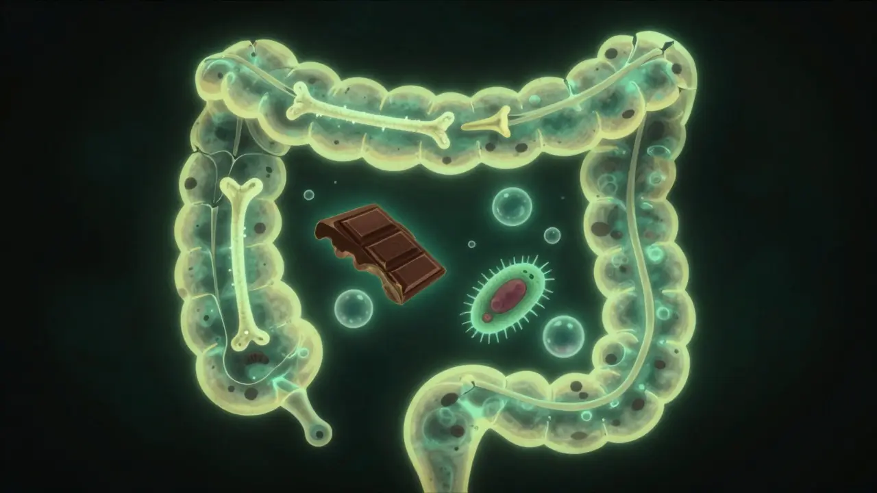 Schematic znázornění trávicího traktu psa s parazity a špatnými potravinami uvnitř.