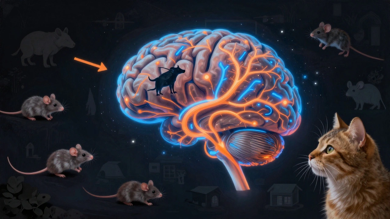 Schematický náčrt mozkových cest kočky při lovu.