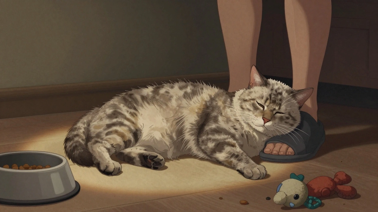 Stará kočka leží napjatě u stojících nohou, kolem prázdné místo pro jídlo.