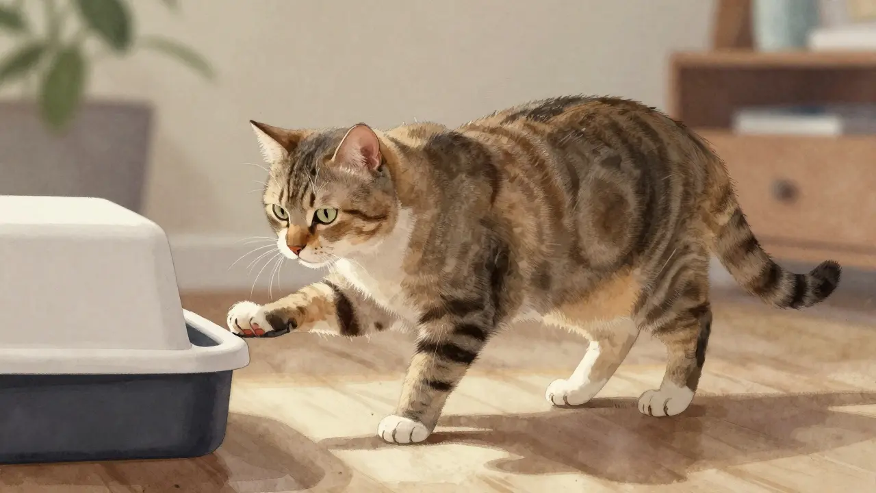 Starší kočka opatrně kráčí s vysokými nohama, vyhýbá se kočičímu záchodku.