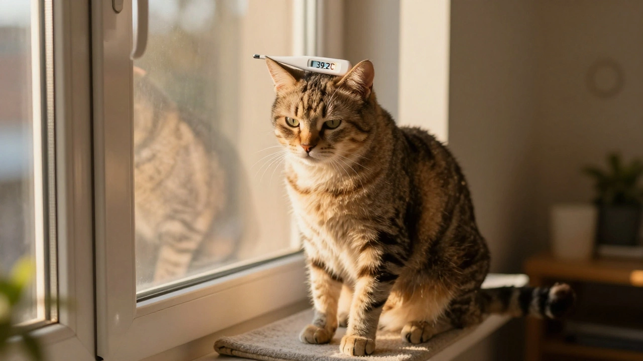Starší kočka sedí na windowsill, nechce skákat, teploměr ukazuje horečku, v pozadí je známé místo, které už nevyužívá.