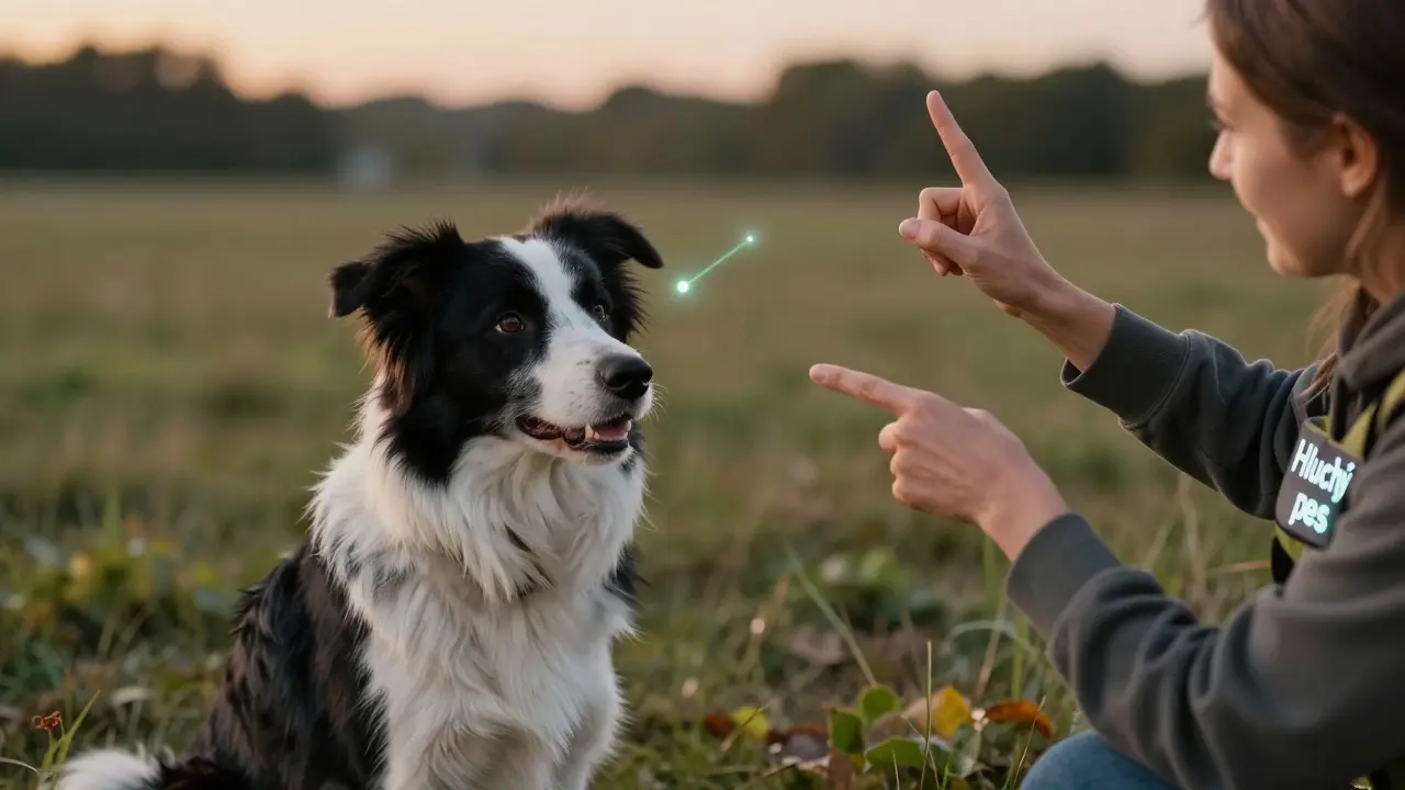 Starý border collie komunikuje s majitelem pomocí rukou a světelných signálů.
