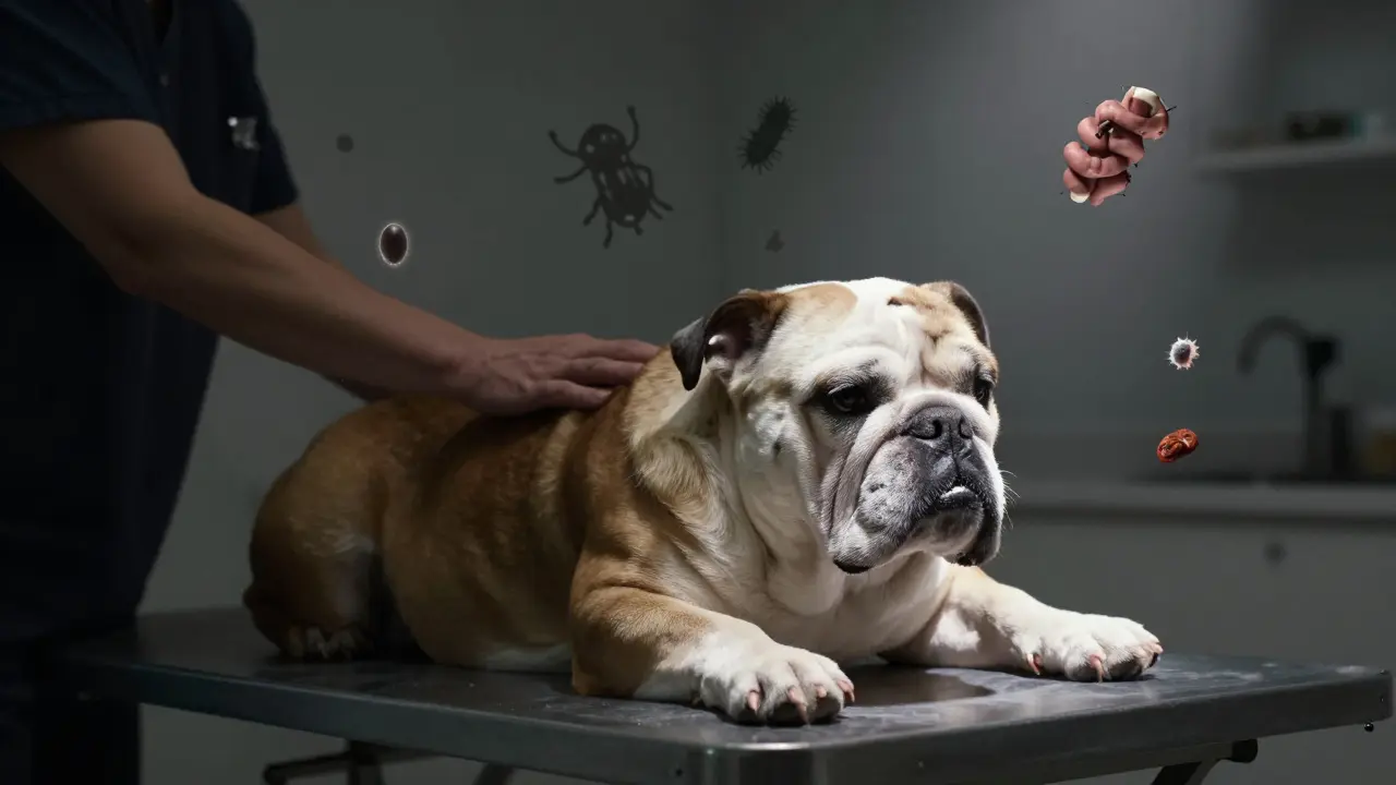 Starý bulldog na veterinářském stole, majitel ho jemně podržuje, kolem něj se vynořují symboly zdravotních problémů.