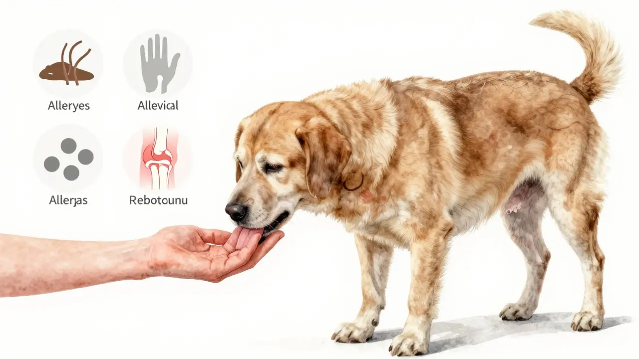 Starý pes lizá ruku, zatímco na kůži viditelné známky podráždění a skryté příčiny.